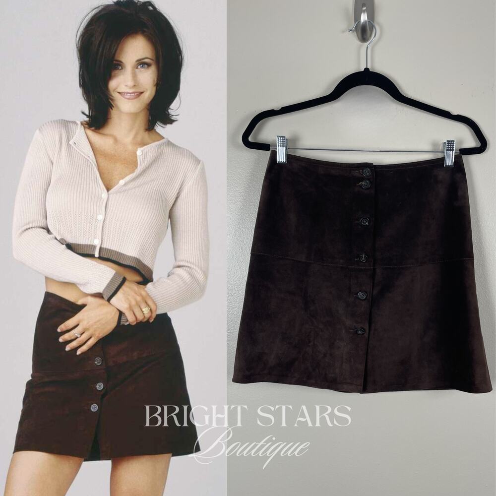 Rare Brown Suede Mini Skirt ASO Monica Gellar Friends Vintage 90s Button Up